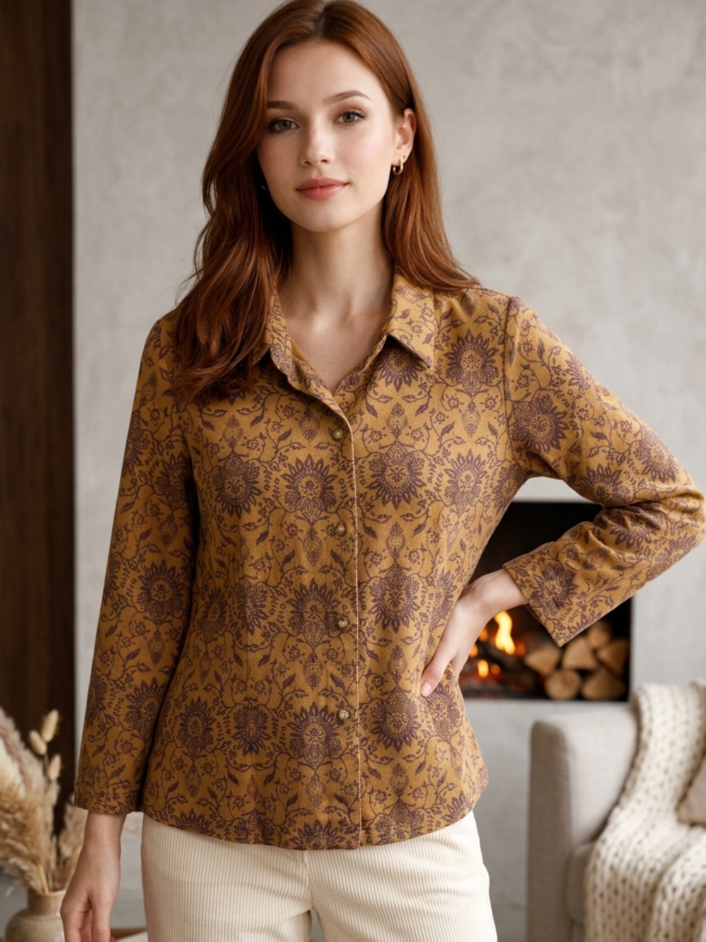 St. John's Bay Mustard and Brown Floral Medallion Button-Down Shirt
